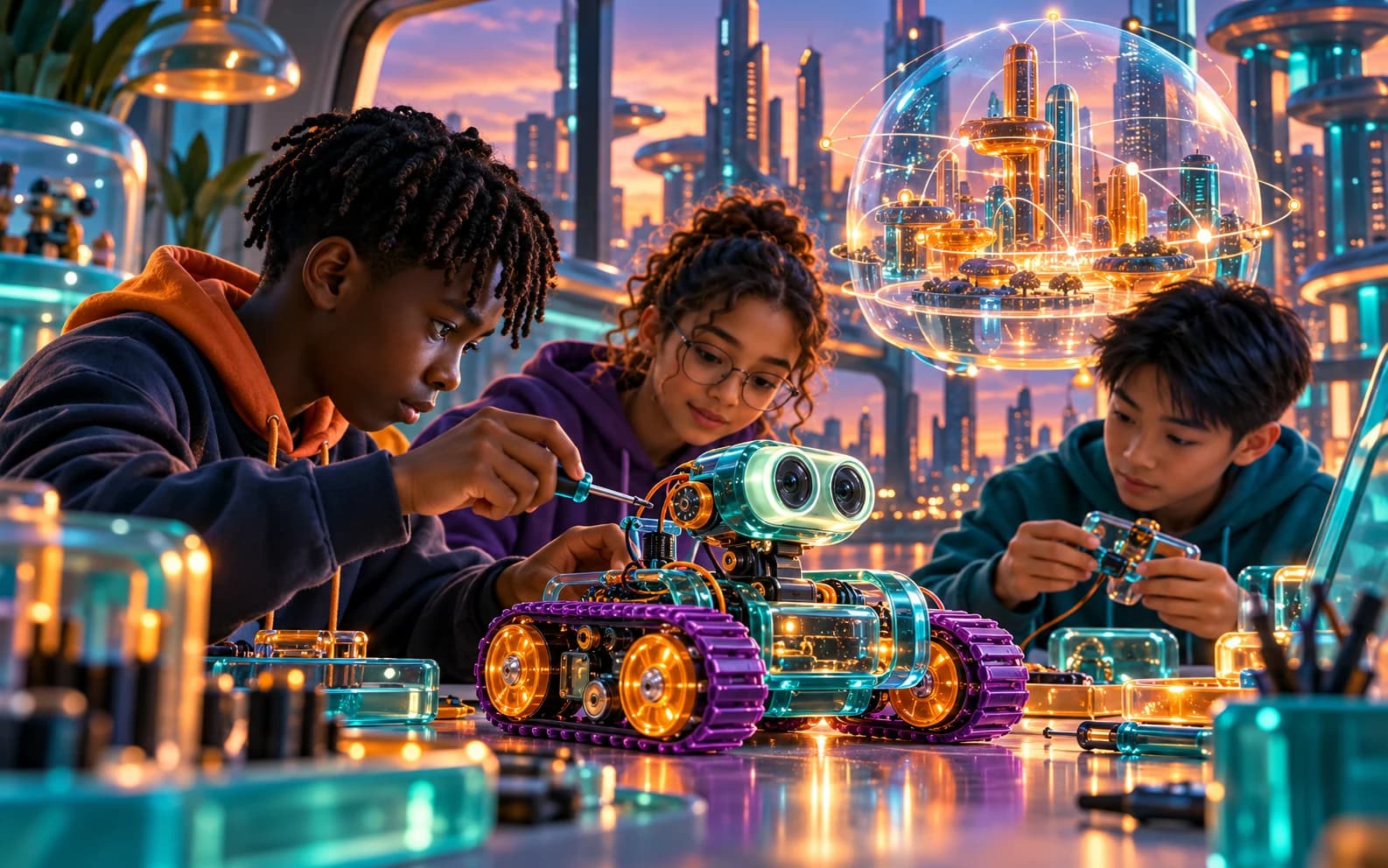 A gummy-style illustration of three young makers assembling a teal and purple tracked robot beneath a glowing city globe.
