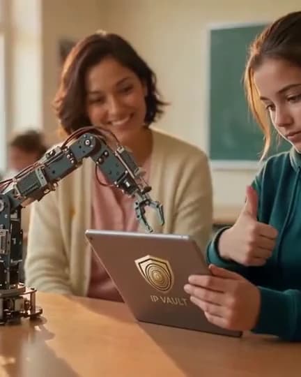A mentor supports a learner testing a robot and reviewing a tablet in a sunlit learning lab.
