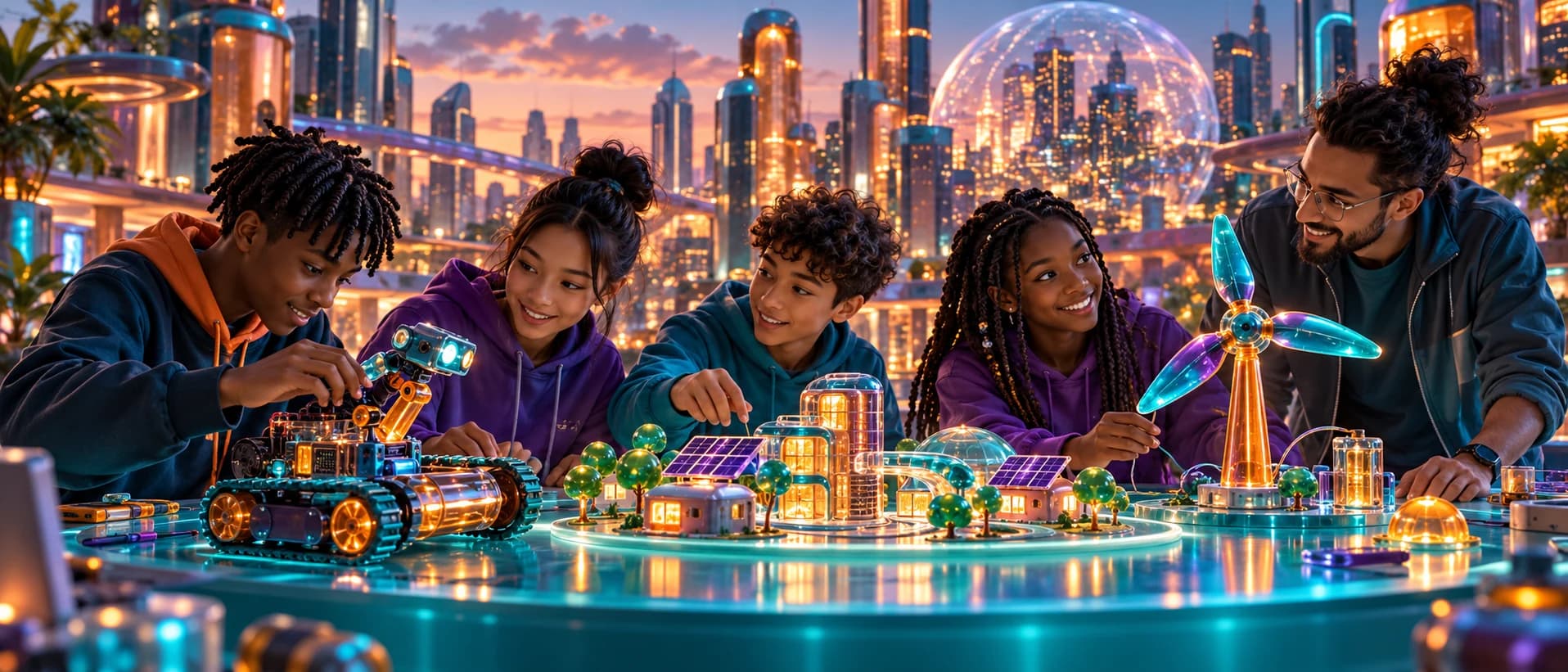 A panoramic gummy-style illustration of four young makers and a mentor sharing a robot and clean-energy neighborhood model against a glowing future city.