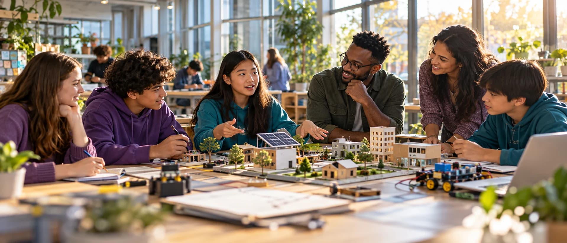 Young learners and mentors plan a solar-powered neighborhood model together in a sunlit maker lab.