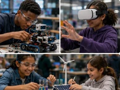 A collage of students building a robot, trying virtual reality, and experimenting with solar and wind energy models.