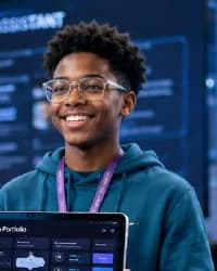 A student wearing glasses and a teal hoodie presents a digital portfolio on a tablet.